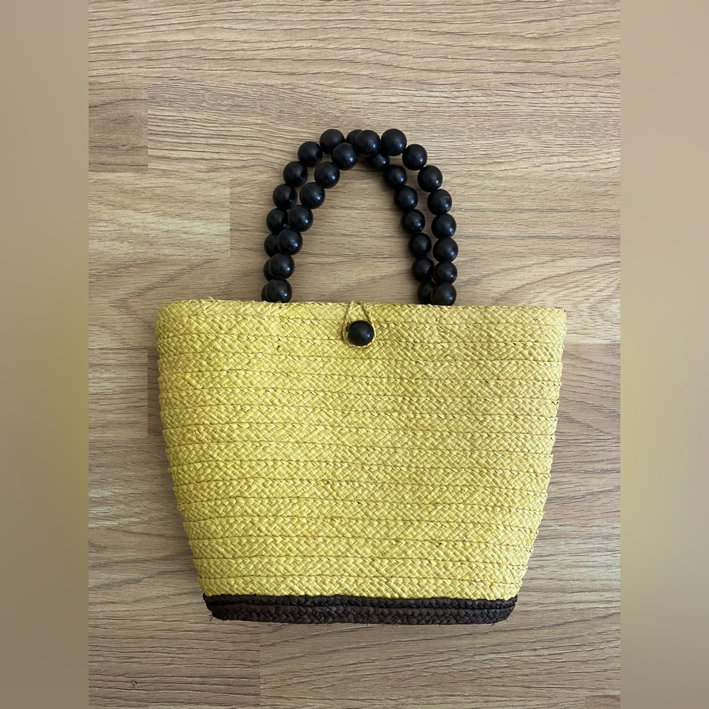 Vintage Yellow Straw Bag with Beaded Handle